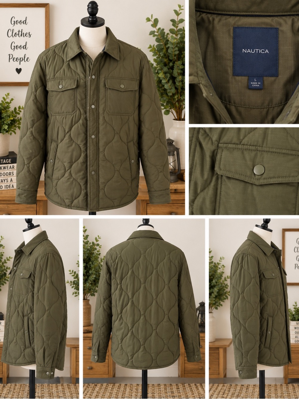 Nautica Olive Green Quilted Lightweight Shirt Jacket
